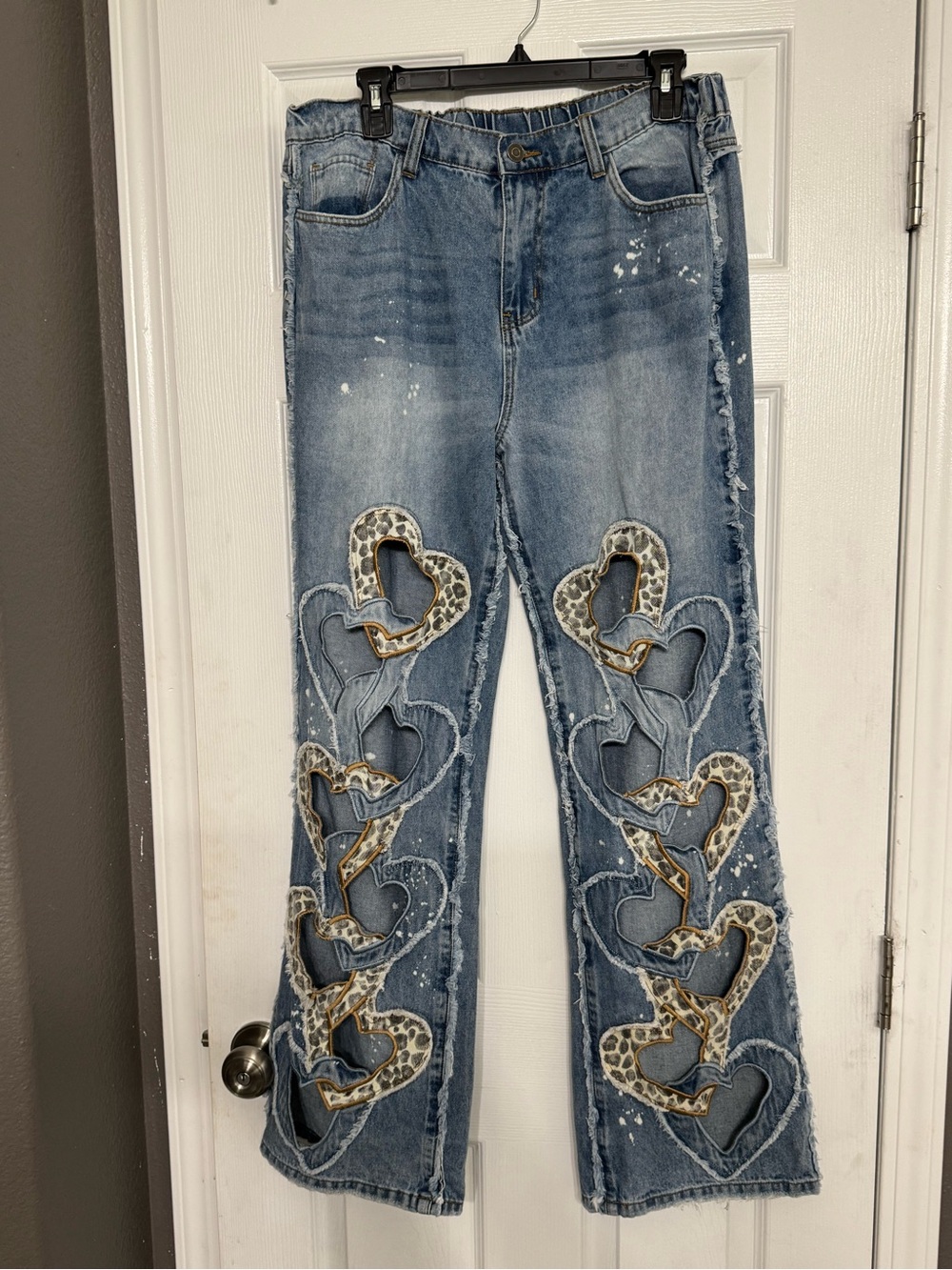 Oli & Hali Light Blue Heart shaped Cut out Jeans with Leopard Trim L